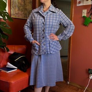Vintage 1970s Blue Plaid Skirt & Blazer Set Marco Polo made in Israel size 8